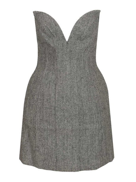 Self-Portrait Mini Dress In Herringbone Wool - Grey