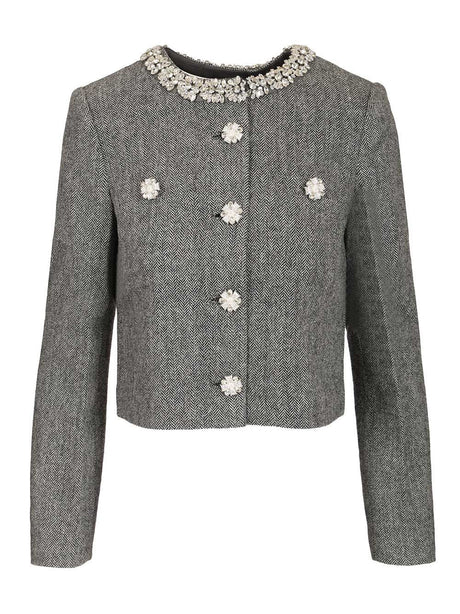 Self-Portrait Herringbone Jacket With Crystal Trim - Grey