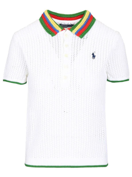 Polo Ralph Lauren Striped Polo Shirt With Openwork Knit Collar - White