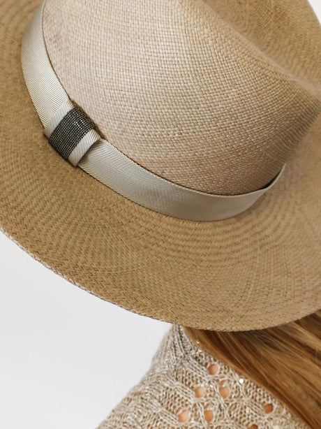 Brunello Cucinelli Raffia Fedora hat with Monili detail - Military