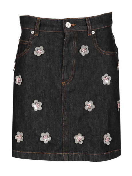 Marni Black Denim Skirt With Daisy-Shaped Appliques - Blue