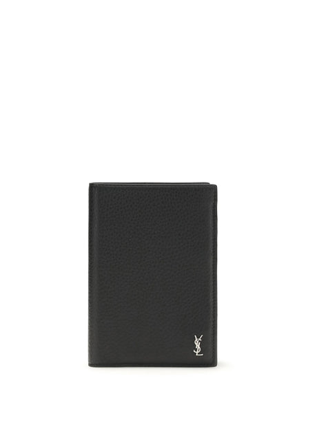 Saint Laurent Tiny Cassandre Passport Holder in hammered leather - Black