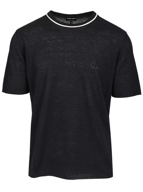 Giorgio Armani Crew Neck Sweater In Linen And Silk - Blue