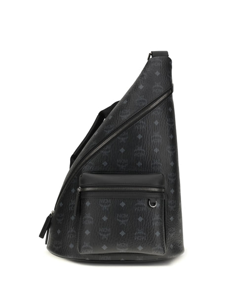 Mcm Aren Sling printed canvas Backpack - Black