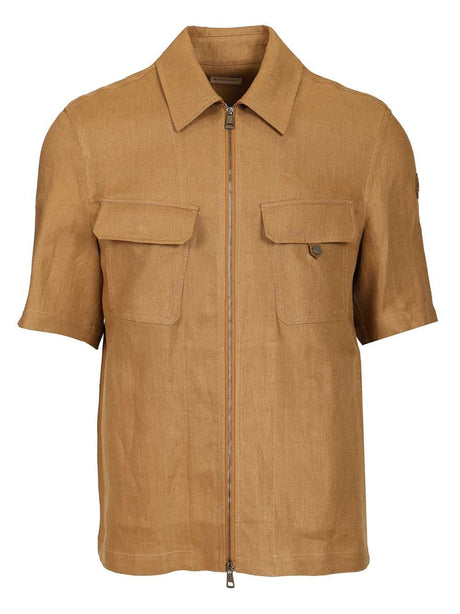 Moncler Short-Sleeved Linen Twill Zip-Up Shirt - Beige