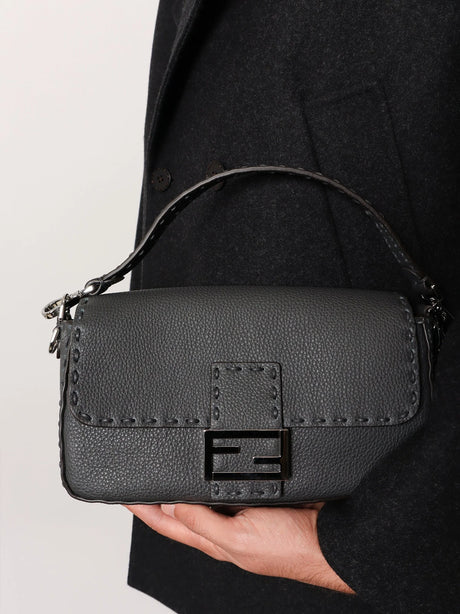 Fendi Baguette leather shoulder bag with Selleria stitchings - Asphalt+Palladio