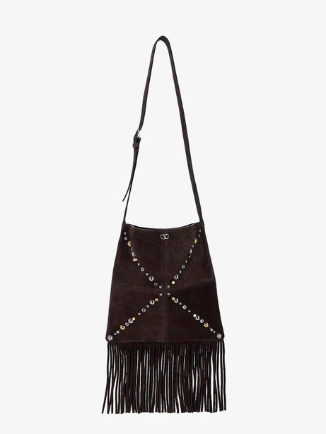 Valentino Garavani Suede shoulder bag with fringes and metal details - Testa Di Moro