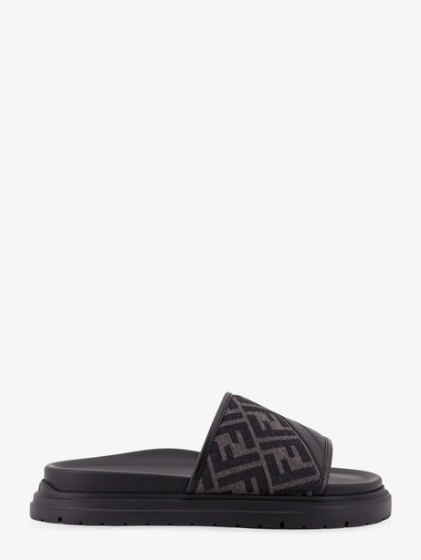 Fendi Low leather sandals with FF jacquard insert - Neronergrigio Nero