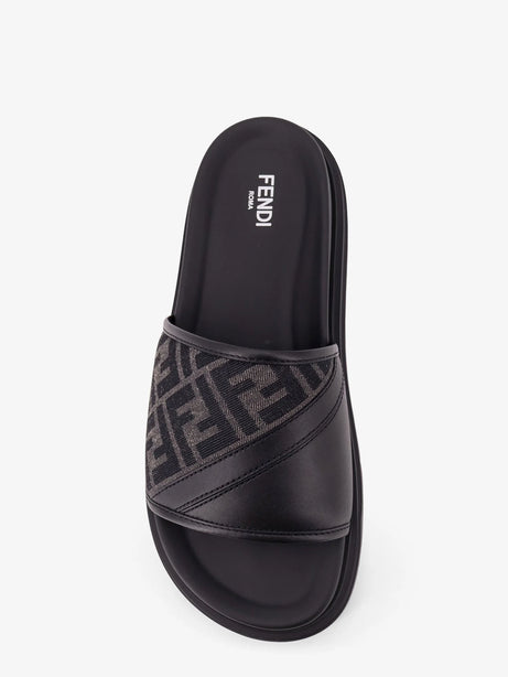 Fendi Low leather sandals with FF jacquard insert - Neronergrigio Nero
