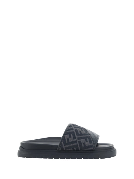 Fendi Slide Diagonal Sandals - Nero+Ner+Grigio Black