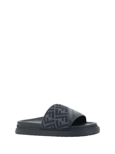 Fendi Slide Diagonal Sandals - Nero+Ner+Grigio Black