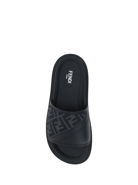 Fendi Slide Diagonal Sandals - Nero+Ner+Grigio Black