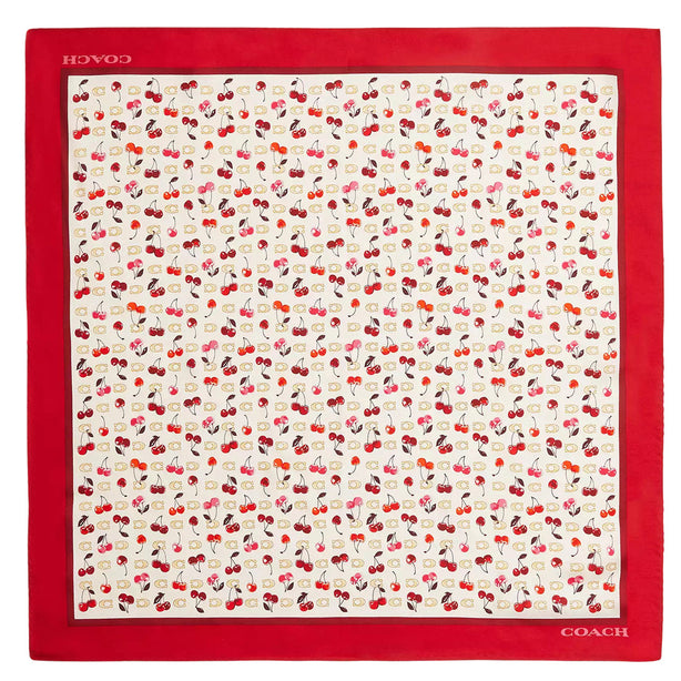 Coach Sculpted C Cherries Print Silk Bandana Scarf- Chalk/ Red CDG76