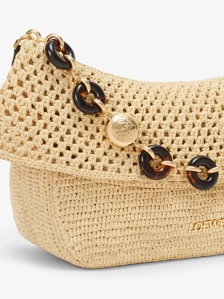 Loewe Paula's Ibiza -Ola Medium Raffia shoulder Bag with Metal Logo Lettering - Natural