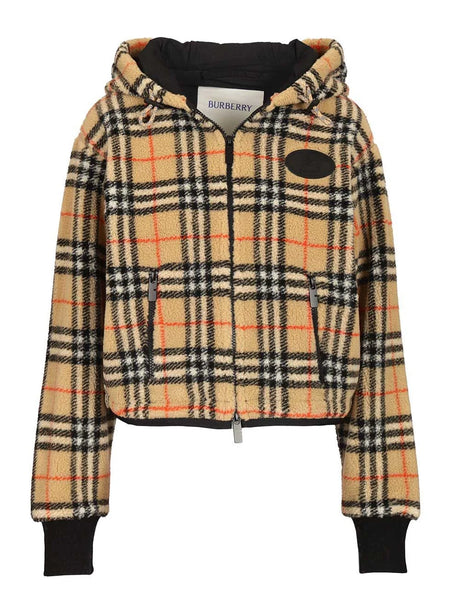 Burberry Cropped Check Fleece Hooded Jacket - Beige