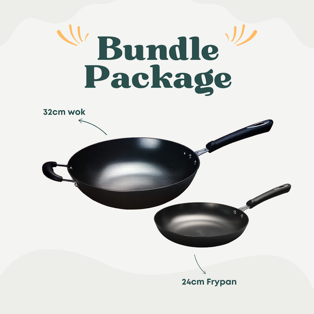 La Gourmet Nitrigan 32cm Wok with Black Handle + La Gourmet Nitrigan 24cm Frypan with Black Handle