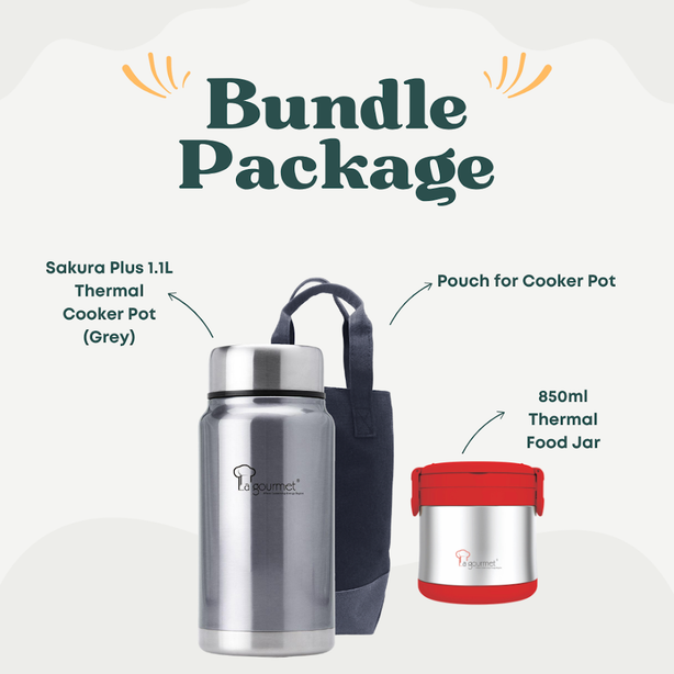 La Gourmet Sakura Plus 1.1L Thermal Cooker (Grey) + Flame 850ml Thermal Lunch Box