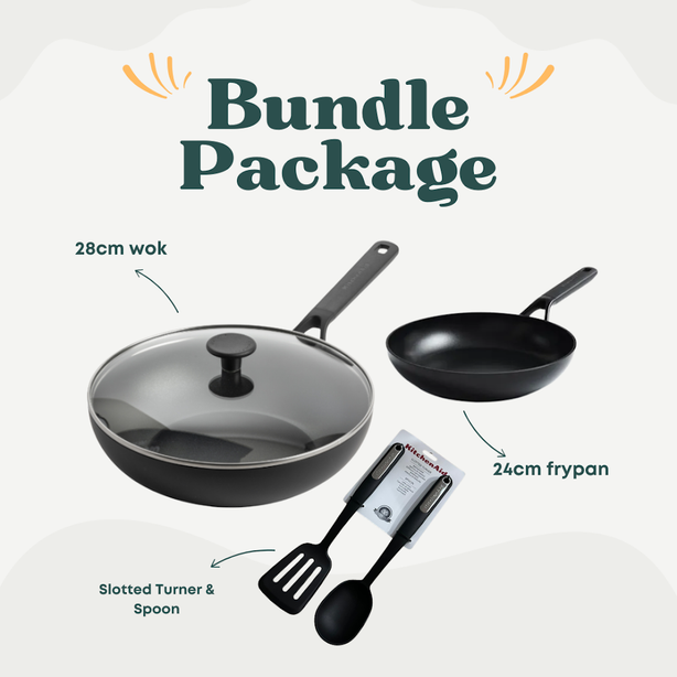 KitchenAid Classic Black 28cm Wok with Cover + 24cm Frypan + KitchenAid 2pcs Turner and Spoon - Black