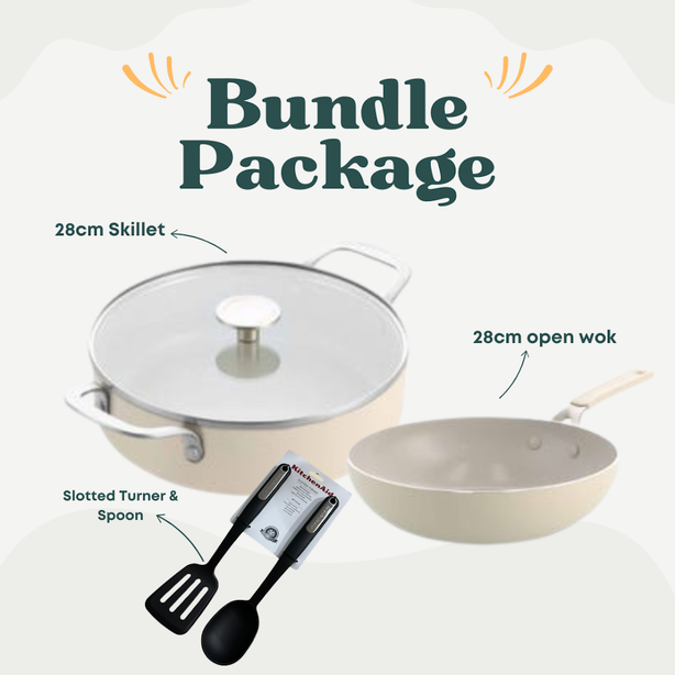 KitchenAid Aluminium 9G Almond Cream - 28cm Frypan + 28cm Skillet with Cover + KitchenAid 2pcs Turner and Spoon - Black