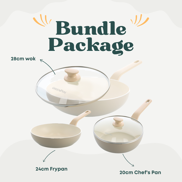 Greenpan Essence Taupe 28cm Wok with Lid + Greenpan Essence Taupe 20cm Chef's Pan with Lid + Greenpan Essence 24cm Deep Frying Pan