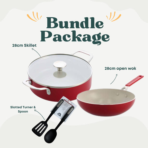 KitchenAid Aluminium 9G Empire Red - 28cm Open Wok + 28cm Skillet with Cover + KitchenAid 2pcs Turner and Spoon - Black