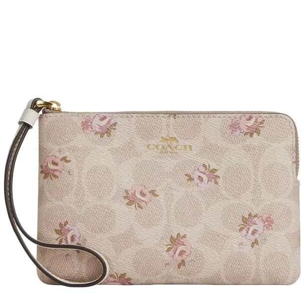 Coach Corner Zip Wristlet In Signature Canvas With Floral Print - Sand Multi CAR20