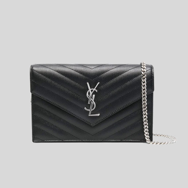 SAINT LAURENT YSL Matelasse Envelope Chain Wallet In Grain De Poudre Embossed Leather Black/Silver RS-857605BOW02