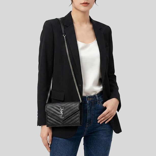 SAINT LAURENT YSL Matelasse Envelope Chain Wallet In Grain De Poudre Embossed Leather Black/Silver RS-857605BOW02
