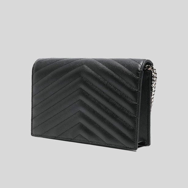 SAINT LAURENT YSL Matelasse Envelope Chain Wallet In Grain De Poudre Embossed Leather Black/Silver RS-857605BOW02