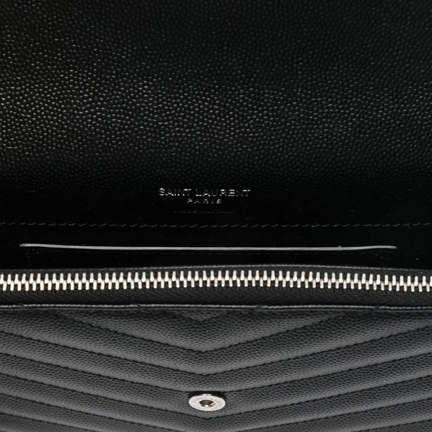 SAINT LAURENT YSL Matelasse Envelope Chain Wallet In Grain De Poudre Embossed Leather Black/Silver RS-857605BOW02