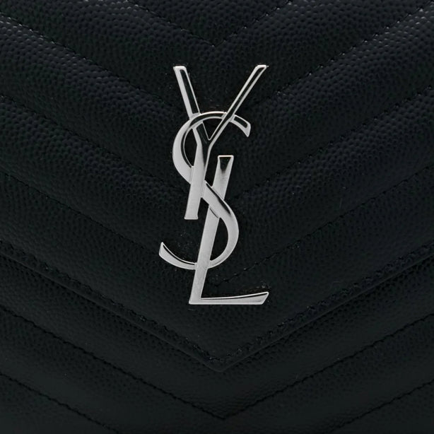 SAINT LAURENT YSL Matelasse Envelope Chain Wallet In Grain De Poudre Embossed Leather Black/Silver RS-857605BOW02