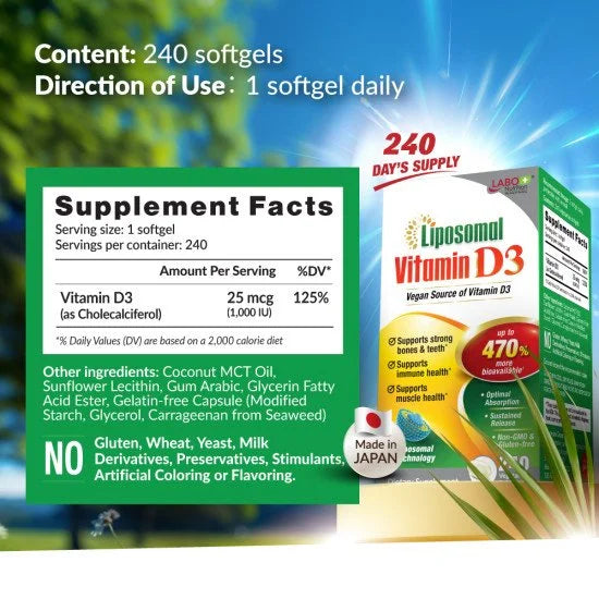 LABO Nutrition Liposomal Vitamin D3 1000IU for Strong Bones, Teeth, Muscle & Immune Health • First Vegan Sourced Vitamin D Supplement