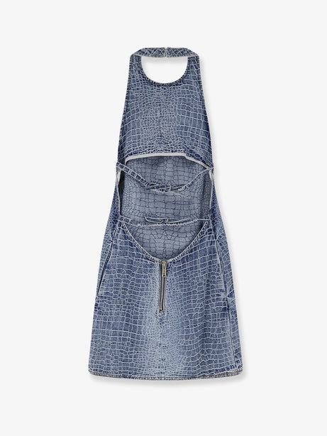 Self Portrait Rhinestone Croc Effect denim dress - Blue