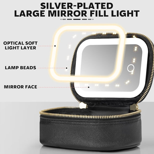 StitchesandTweed Portable Makeup Her Pouch with LED Mirror - Noir
