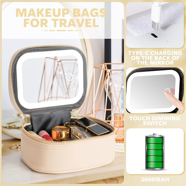 StitchesandTweed Portable Makeup Her Pouch with LED Mirror - Craie