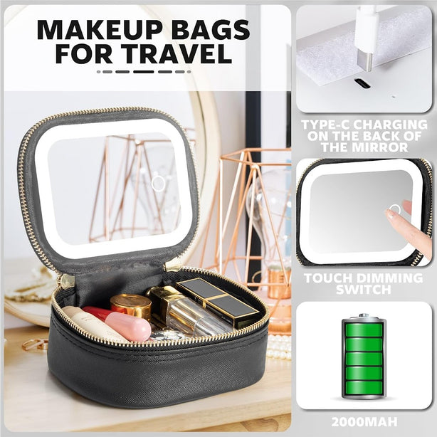 StitchesandTweed Portable Makeup Her Pouch with LED Mirror - Noir
