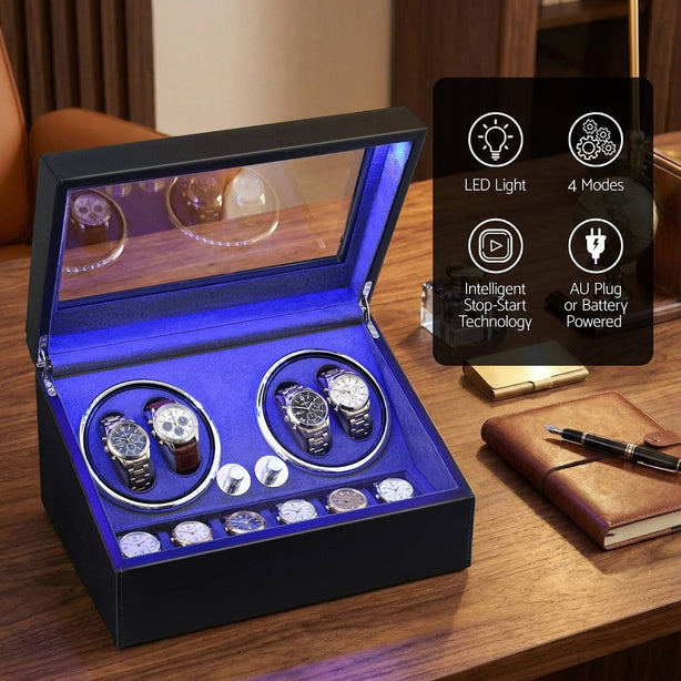 StitchesandTweed Automatic Watch Winder, 4+6 Watches Storage Display Box - Black