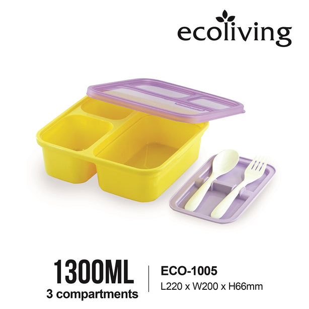 Eco-living 3-Compartment Colorful Bento w Fork & Spoon (1300ml) (Asst Colours)