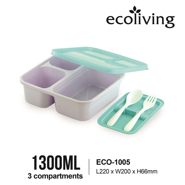 Eco-living 3-Compartment Colorful Bento w Fork & Spoon (1300ml) (Asst Colours)