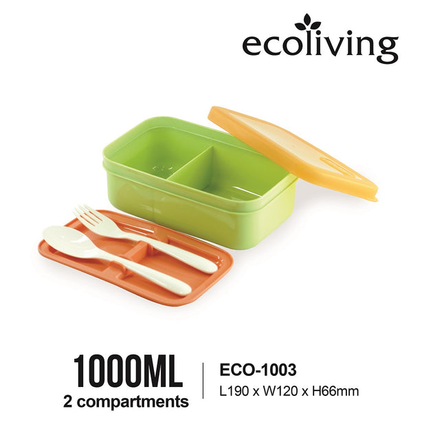 Eco-living 2-Compartment Colorful Bento w Fork & Spoon (1000ml) (Asst Colours)