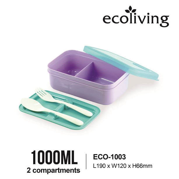 Eco-living 2-Compartment Colorful Bento w Fork & Spoon (1000ml) (Asst Colours)