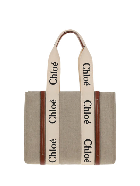 Chloé Woody canvas Shoulder Bag - White - Brown 1