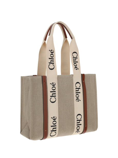 Chloé Woody canvas Shoulder Bag - White - Brown 1