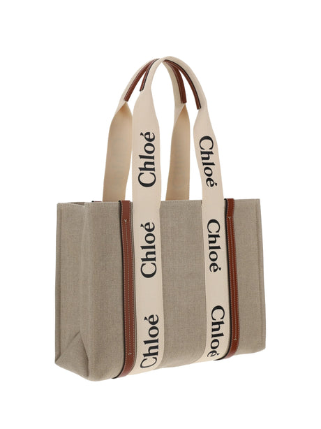 Chloé Woody canvas Shoulder Bag - White - Brown 1