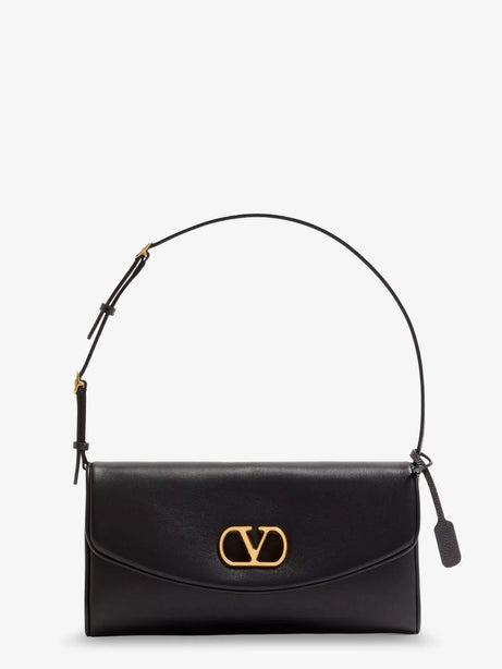 Valentino Garavani DeVain Leather Shoulder Bag with Metal VLogo Signature - Nero