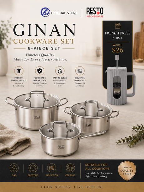 Resto Kitchenware 92025 Ginan Cookware Set (Free French Press)