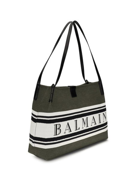 Balmain Medium canvas and leather Release Tote - Uje Dark Olive/ Noir/ Blanc