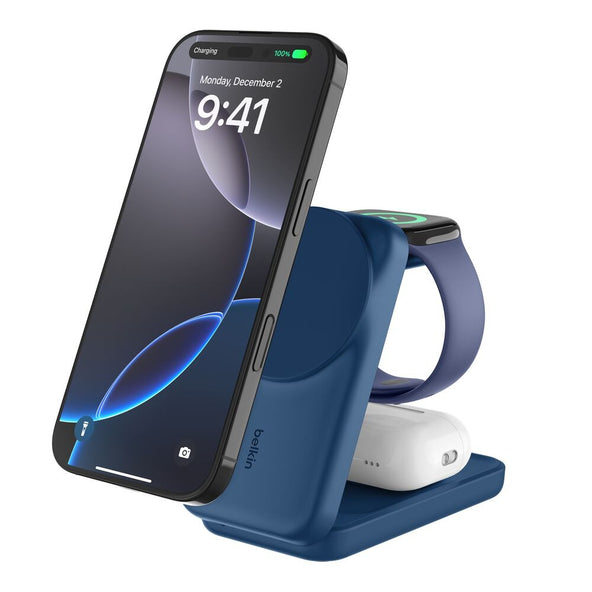 Belkin Qi2.2 25W 3-in-1 Wireless Charger Stand SQ Blue for Phone Watch Earbuds