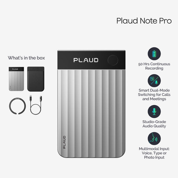 PLAUD Note Pro Smart AI Note Taker – Record, Transcribe, Summarize & Meetings, Ultra slim design, 112 languages,Silver