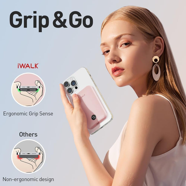 iWALK PowerGrip 5000mAh Slim Magnetic Wireless Power Bank for iPhone – Compact Charger (MXB008)Pink Buy 1 Get 1 Free